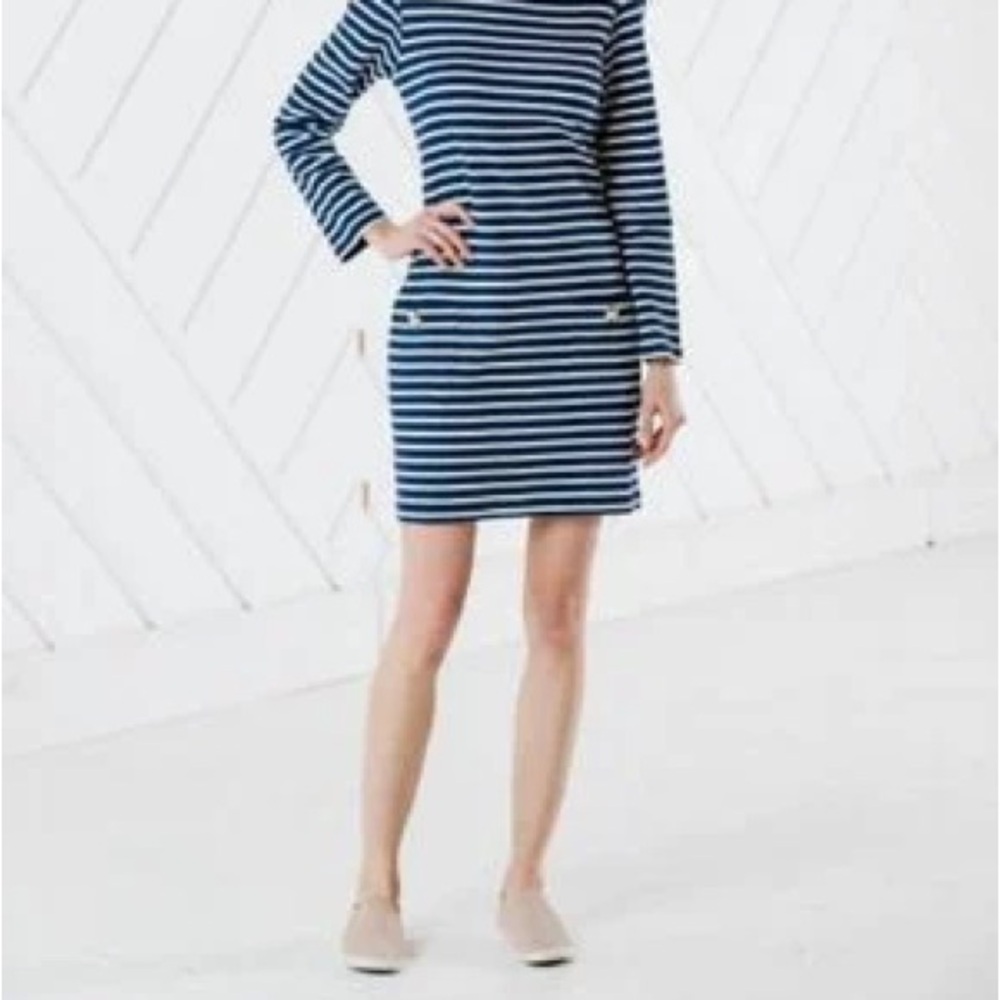 Sail to Sable Navy Striped Dress with pocket button accents